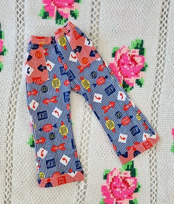 VTG RETRO 60S DEADSTOCK GINGHAM ROAD SIGNS KITSCH FLARES PANTS APPROX 3-4 YEARS - Image 1 of 4