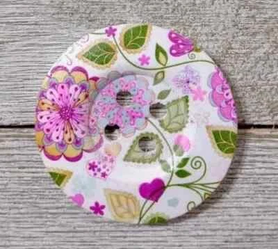 large wood sewing button 4 holes 2 inch pink green flower leaf 1pc - Image 1 of 2