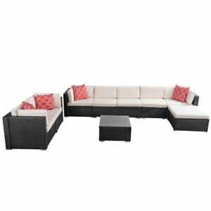 9PCS Rattan Patio Furniture Sofa Set PE Wicker Sectional Outdoor Cushions White