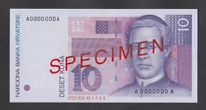 🔴CROATIA 10 Kuna 1993 UNC SPECIMEN P29s Genuine SPECIMEN banknote🔴 - Picture 1 of 2