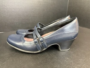 Clarks Women's Sugar Dust Mary Jane Pump Size 9N Narrow Block Heel Navy Blue - Picture 1 of 8
