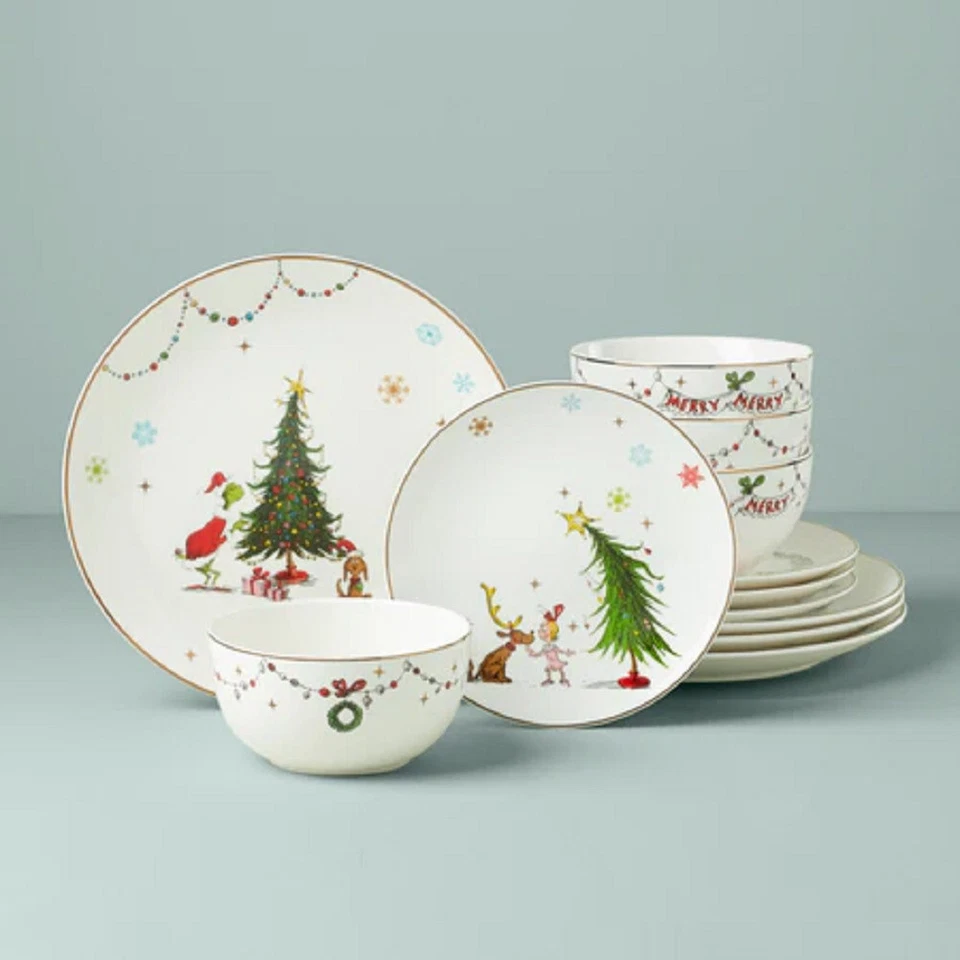 Lenox China Navidad FELIZ GRINCHMAS 12 Piezas Juego de Vajilla - N/O Foto 1 de 1