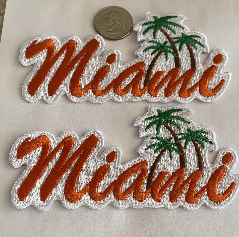 (2)-“MIAMI” VINTAGE HIERRO EN PARCHES BORDADOS. Naranja 5"x 2". Hermoso! Foto 1 de 3
