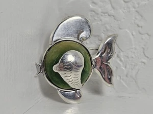 MEXIKO 925 Sterling Silber Vintage Fisch Brosche Anstecknadel groß grüner Cabochon Stein - Bild 1 von 7