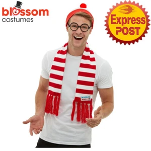 AC1752 Wheres Wally Kit Costume Unisex Wenda Waldo Book Week Hat Scarf & Glasses - Picture 1 of 2