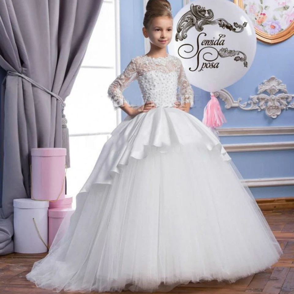 Long Sleeves Vintage Flower Girl Dresses Kids Christmas Birthday Pageant Gowns - Image 1 of 4