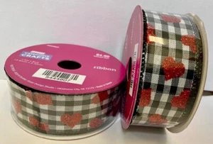 2x  Valentine's Day wired ribbon black white plaid w/ red hearts 1.5in x 10yds - Picture 1 of 1