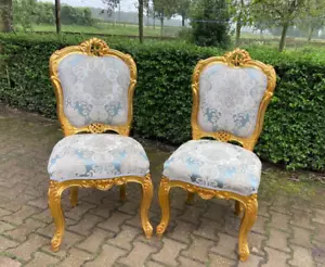 Chairs Pair of French Louis XVI Dining Seats Beech Gold Leaf Blue Damask Vintage - Picture 1 of 9