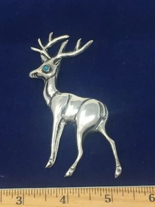 Turquoise Eye Puffed Sterling Elk Deer Stag Pin Brooch - 3.5 x 2 inches - Picture 1 of 8