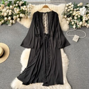 Ladies Solid Lace Trim Sleepwear Night Gown Robe Backless Sexy Casual Daily Chic - Picture 1 of 20