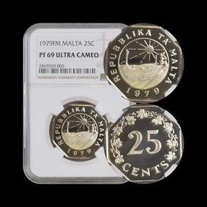 MALTA. 1979, 25 Cents - NGC PF69 - Top Pop 🥇 Republic Anniversary, Rare - Picture 1 of 5