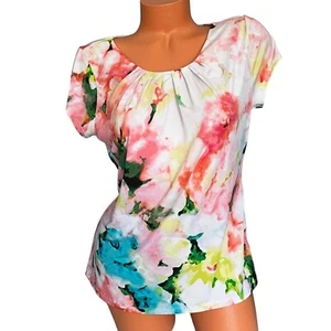 Worthington Bluse Gr. PL Mehrfarbig Aquarell Blumen U-Ausschnitt mit Falten S Slv - Bild 1 von 8