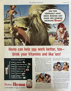 1943 Bordens Hemo Drink Vitamine Good Elsie Cow Making Hay Vintage Print Ad - Bild 1 von 1