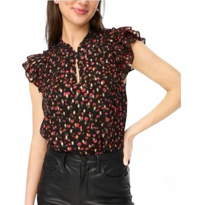 J.Crew Ruffleneck Flutter-Sleeve Top Red Black SZ XS  Key Hole Button - Picture 1 of 6