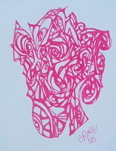 Free Ship Original Abstrsct Surrealistic Drawing Pink Ink  Face Pilot Precise V5 - Picture 1 of 15