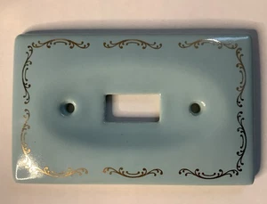 Vintage Porcelain Ceramic Baby Blue Switch Plate Cover With Gold Scrolling - Picture 1 of 3