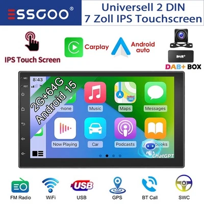 DAB+ 2+64GB Android 15 Carplay 7" Autoradio Doppel 2 DIN GPS WIFI FM BT KAM+ SWC - Bild 1 von 4