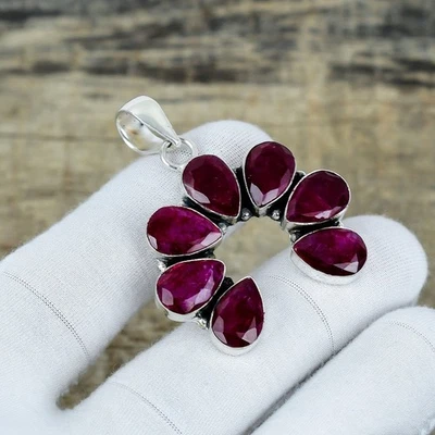 Kashmiri Ruby Lab-Created 925 Sterling Silver Flower Jewelry Pendant Christmas - Image 1 of 4
