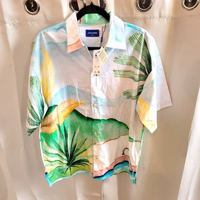 Jack Jones Mens Resort Shirt Button Up Cotton Oversized Tropical Y2K 17329 - Image 1 of 4