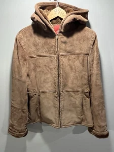 ESPRIT Vintage 90s Fur Lined Brown Suede Hooded Zip Up Coat Jacket Women Medium - Picture 1 of 14
