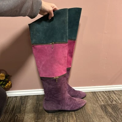 VTG Tall Knee Colorblock Boots 80’s 90’s Leather Pink Purple Arpeggios 8.5 - Image 1 of 4