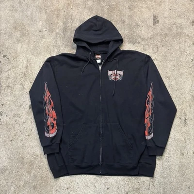 Vintage Y2K Harley Davidson Flames Full Zip-Up Hoodie Sweatshirt Black SZ XL - Image 1 of 4