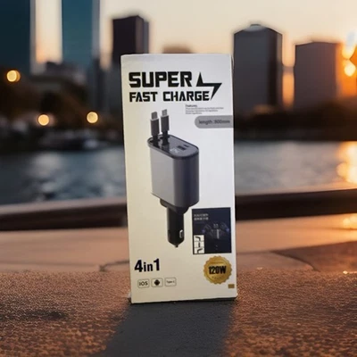 EloBeth Super Fast Charge 4 in 1 Charger for Car USB-C 66W Cable 800mm (Grey) - Image 1 of 4