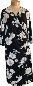 Glamour Women's Dress Size 16W Black Floral Print 3/4 Sleeve Wrap Style - Picture 1 of 11