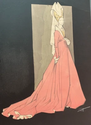 Vestido Medieval Dibujo y Collage Dibujo Firmado e Inscrito Reino Unido Años 50 Foto 1 de 4