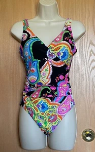 Barbara Erickson Swim Size S Bright Paisley on Black One Piece Swimsuit NEW - Picture 1 of 2