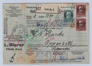 Fürth DR MiF Aufdruck Volksstaat Bayern Paketkarte 1919 Appenzell Schweiz (-164 - Picture 1 of 2
