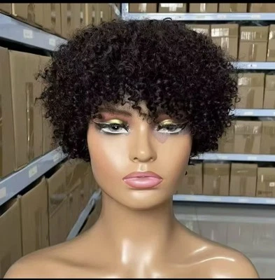 Peluca de cabello humano Remy corta Pixie corte rizado negra peluca de alta densidad sin encaje para mujeres  Foto 1 de 4
