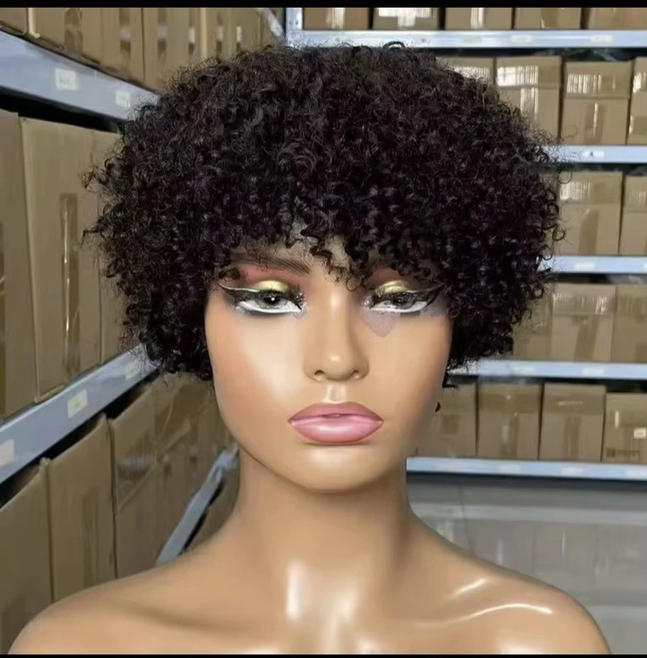 Women Remy Human Hair Wig Short Pixie Curly Cut Black High-Density Wig No Lace  - Image 1 of 4