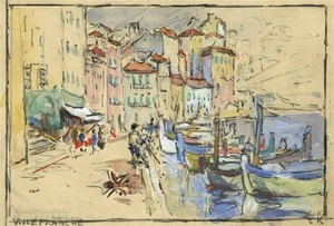 Quadro acquerello Gertrude Keeling Villefranche-sur-Mer Francia XX secolo - Foto 1 di 4