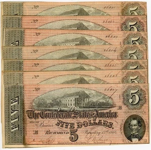 7 Consecutive T69 CR-561 R.1 1864 $5 Confederate States of America Unc/AU  - Picture 1 of 3