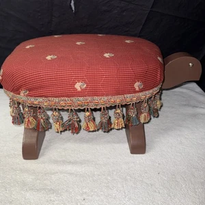 Vtg Wooden Cushioned Turtle Footrest Ottoman Foot Beige w Tassels And Roosters - Picture 1 of 12
