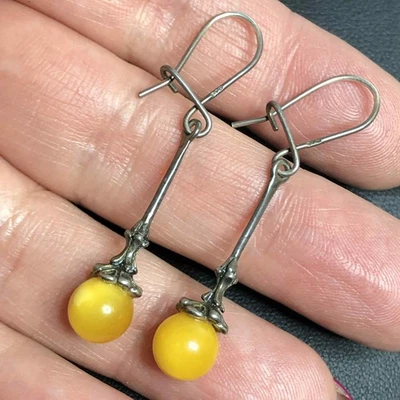 Brincos pendentes âmbar gema de ovo manteiga 925 pátina vintage 8087 2,5 gramas - Imagem 1 de 2