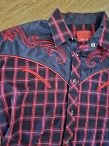 Patron Cito Red Label Western Snap Shirt Navy Red Plaid Embroidered Yoke Mens L - Picture 1 of 12
