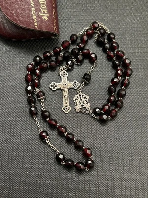 chapelet ancien  argent massif perles verre grenat - Photo 1/2