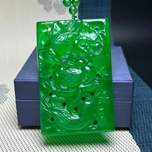 Natural ice green jade Jadeite Carved flower&bird Pendant&Necklaces - Picture 1 of 12