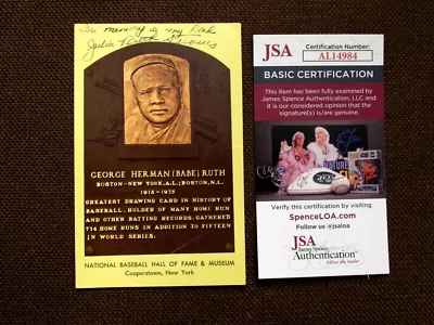 JULIA RUTH STEVENS " IN MEMORY OF MY DAD " BABE RUTH SIGNED AUTO HOF PLAQUE JSA - Image 1 of 4