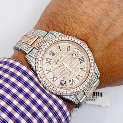 Rolex Datejust relógio automático ouro 18K 2 tons personalizado pavê de diamante natural 41 mm - Imagem 1 de 4