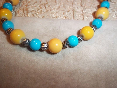 Tornozeleira e prata tibetana feita à mão 10,5 polegadas contas de vidro amarelo e azul Z-14 - Imagem 1 de 3