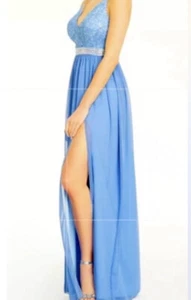 Abendkleid Kleid Größe 13 blau Perlen Taille Abschlussball Heimkehr Festzug neu mit Etikett - Bild 1 von 2