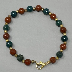 Gemstone Bracelet Brown Green Stone Bead Gold Tone Spacer Healing Chakra Vtg 7.5 - Picture 1 of 12
