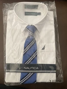 NEW BOYS NAUTICA SOLID WHITE COTTON/POLY L/S DRESS SHIRT W/BLUE CLIP-ON TIE SZ.7 - Picture 1 of 2