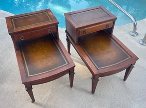 PAIR 1940s Step-Back Tooled Leather Top ANTIQUE Side End Drawer Tables Mersman - Picture 1 of 15