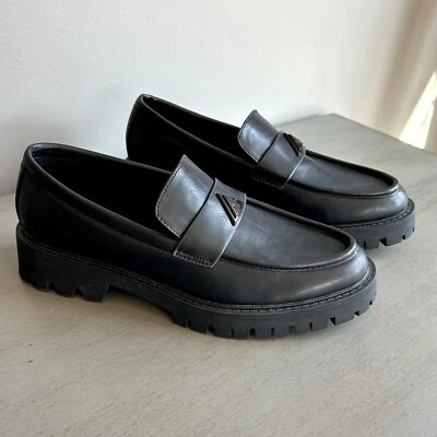 ALDO Chunky Lug Sole Slip On Penny Loafers Women 7.5 Black Logo Mena Y2K NWOT - Image 1 of 4