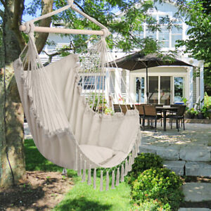 Outdoor Garden Hanging Rope Chair Hammock Swing Chair Tassel Pillow Cotton Beige