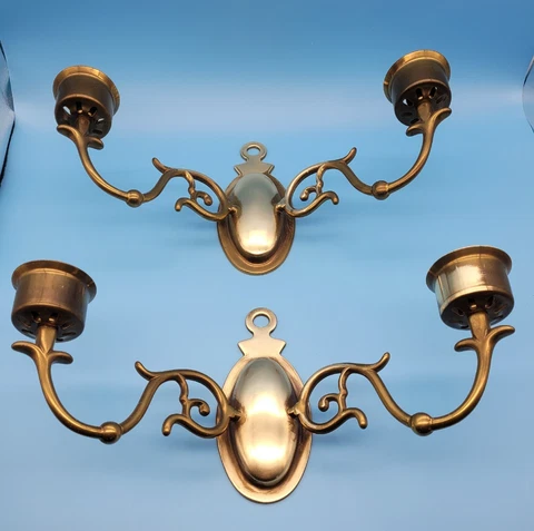 Pair Vintage Baldwin? Double Arm Brass Wall Candle Sconces with Hurricane Globes Cover